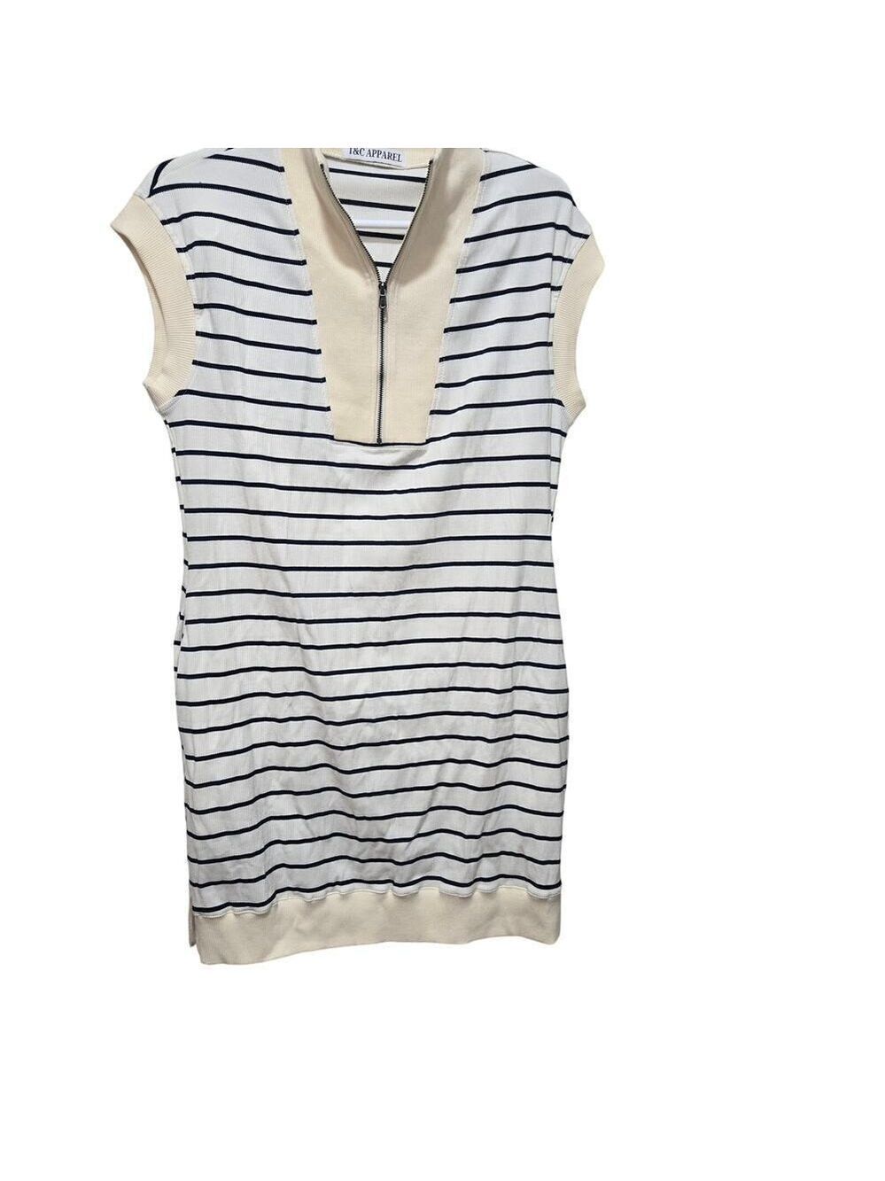 Striped Shirt Dress Medium Cream Black Zip Front Casual Dress